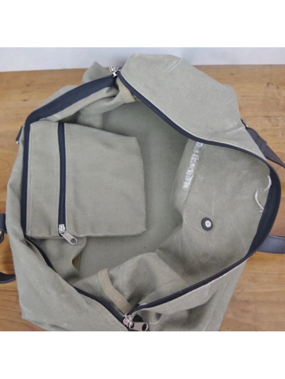 Crate & Barrel Zip Top Canvas Weekender Duffel Bag in Olive with Black Handles